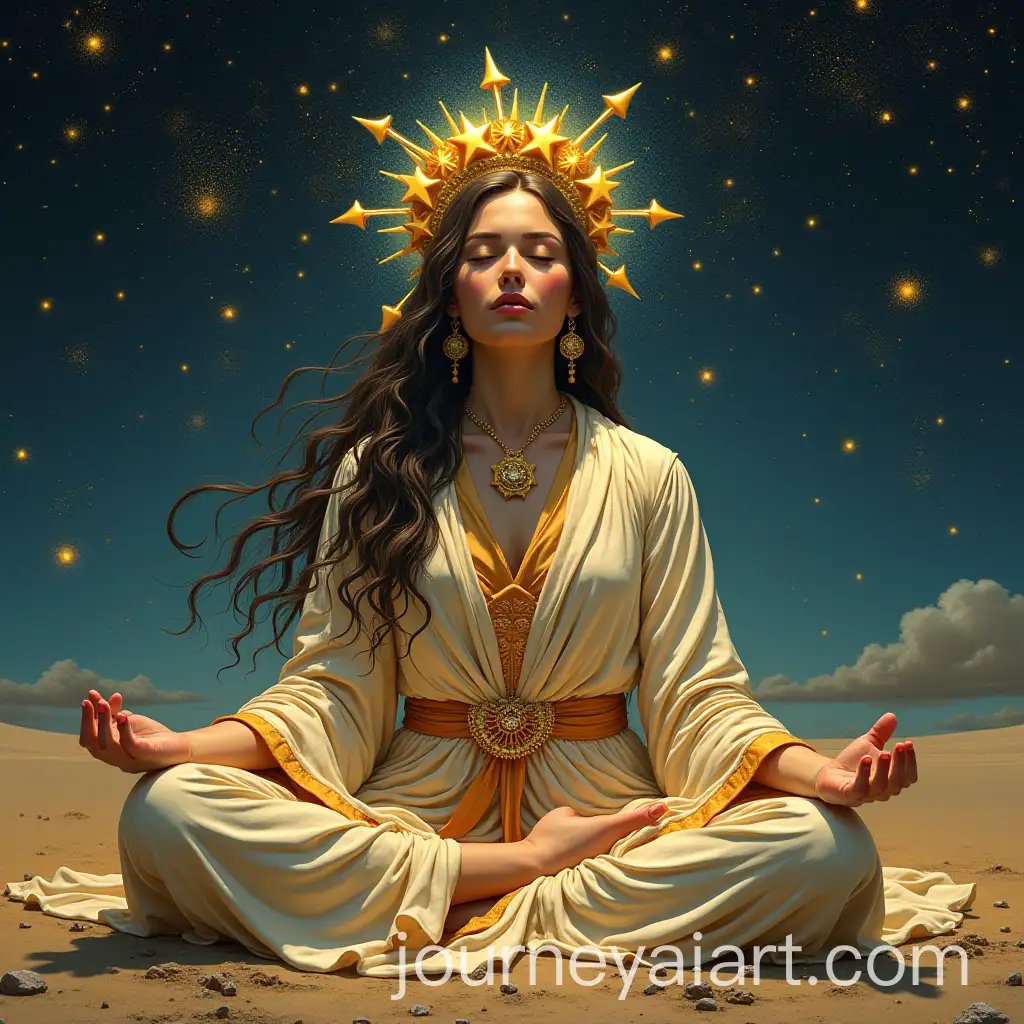 Meditating-Girl-Surrounded-by-Golden-Stars-and-Space