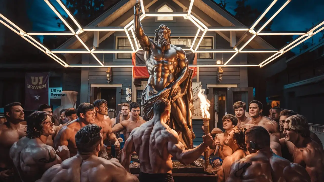 Ultra brawn. Receiving Herculean powers. Group of fraternity brothers jocks. Reverent mood. Inside a frat house at night. Golden electrical glow.