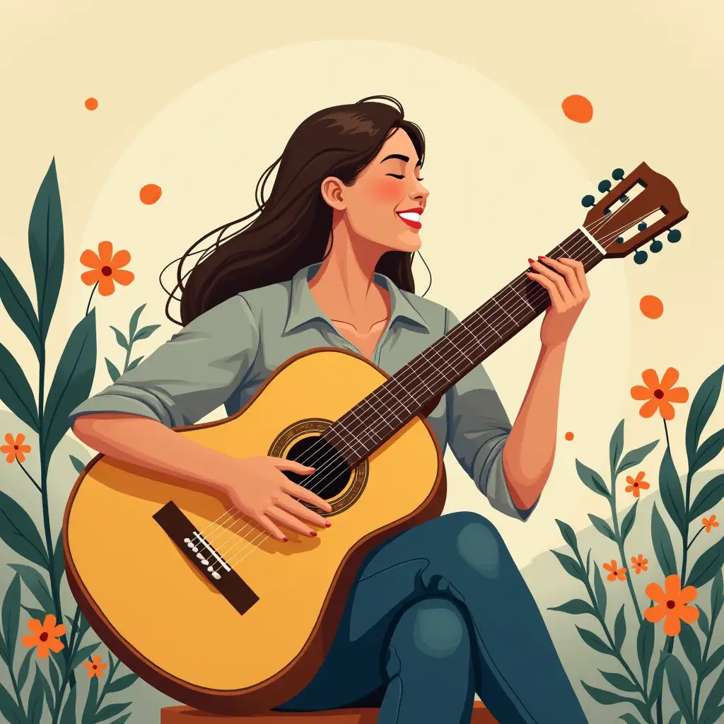 illustration of happiness playing classical guitar