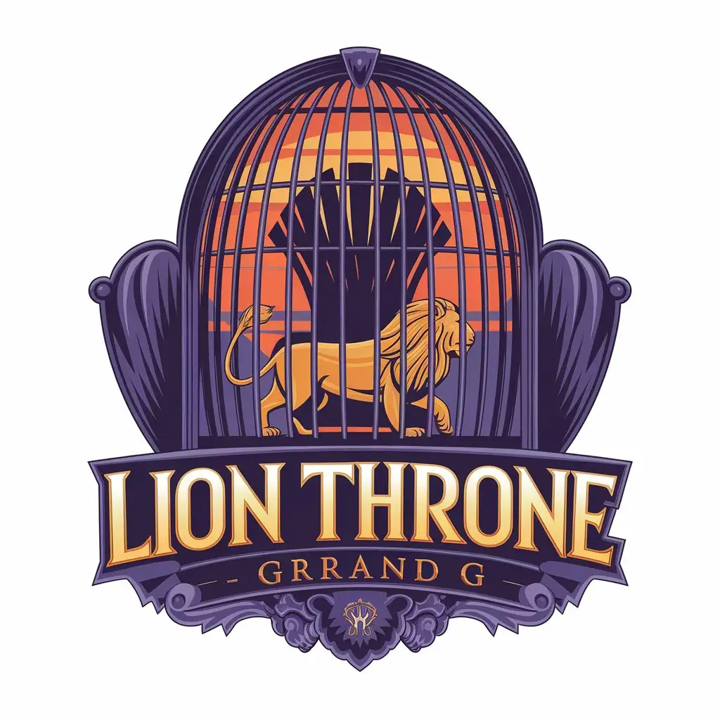 LOGO Design for Lion Throne Sunset Orange Royal Purple with Iron Throne and Lion Symbolism