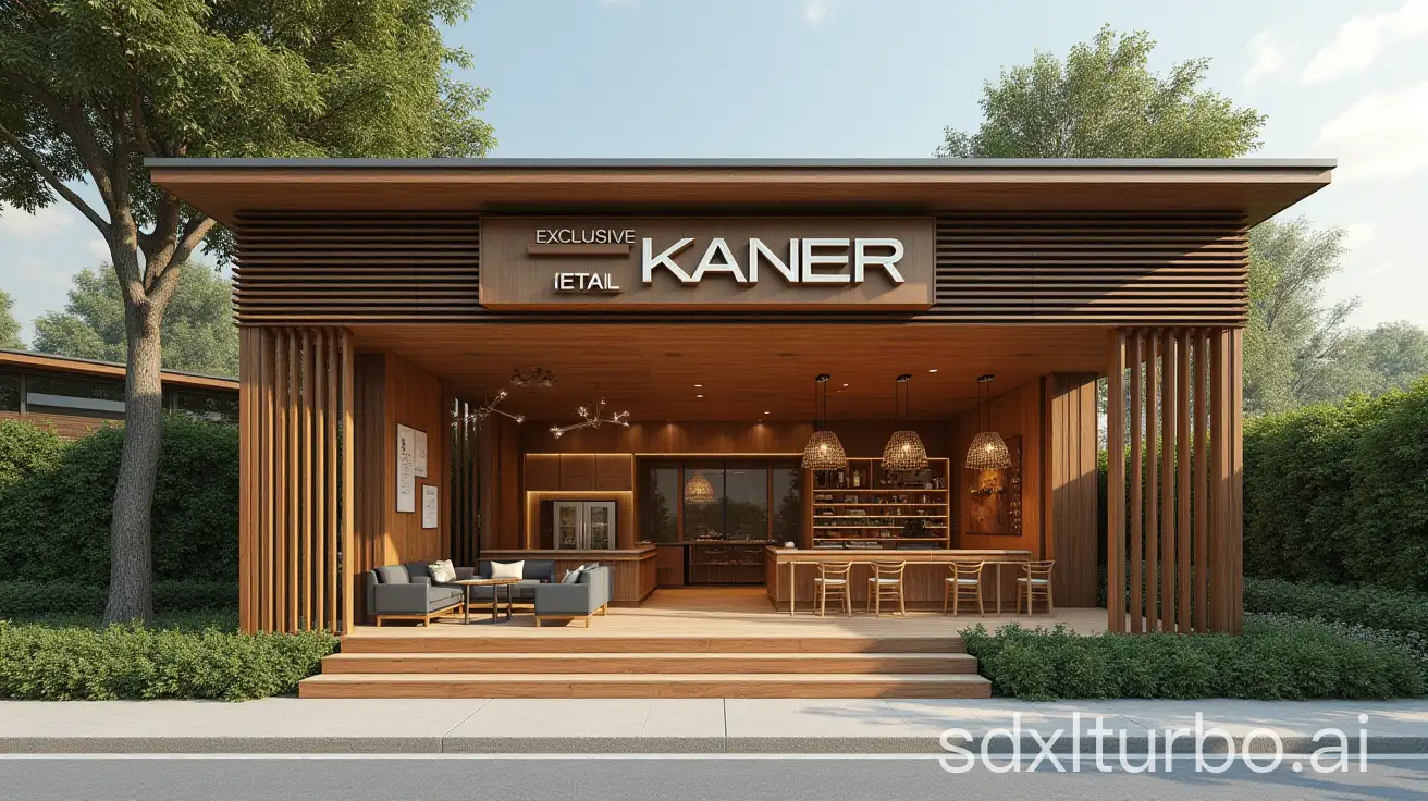 Make a design of detached exclusive retail shop in ECO style with wooden elements. Signboard must have the name KANER Exclusive Retail on it.