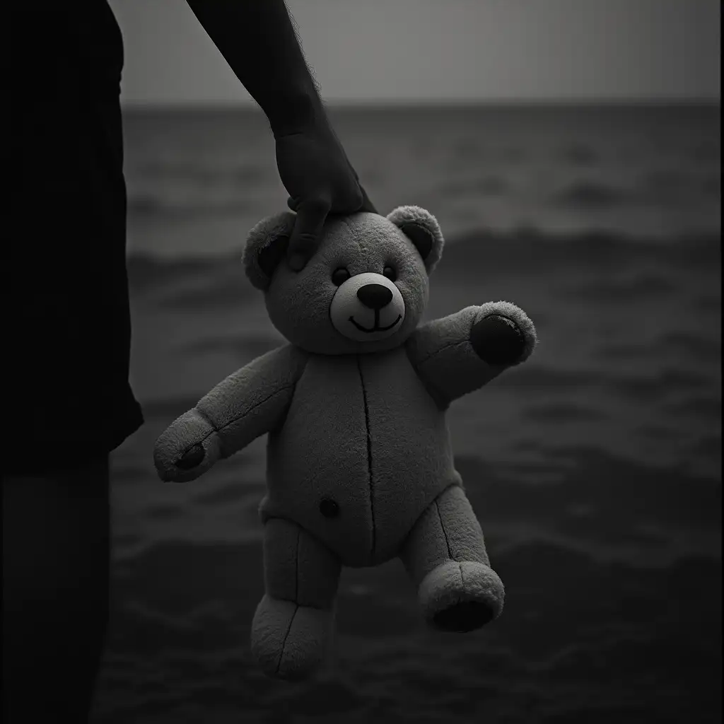 A hand hanging from the body, male, holds a torn and dirty teddy bear, in the style of Robert Longo, black and white, backlight, dark mood. In the background, dark and heavily blurred, a sea.