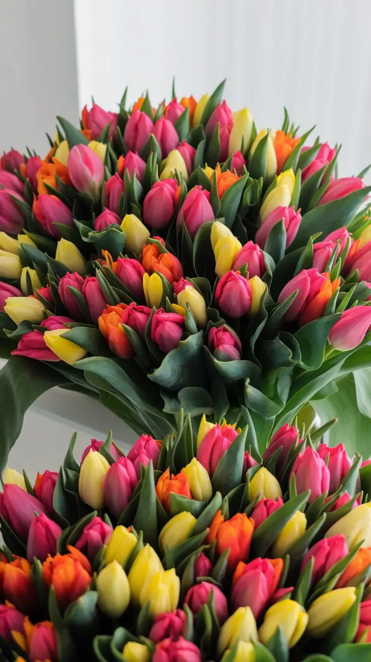 A vibrant tulip bouquet in a mix of bright red, yellow, and orange tulips. Lush arrangement, studio lighting, cheerful, energetic atmosphere, high resolution, floral still life photography, 8k, --ar 16:9 --v 5 --style raw