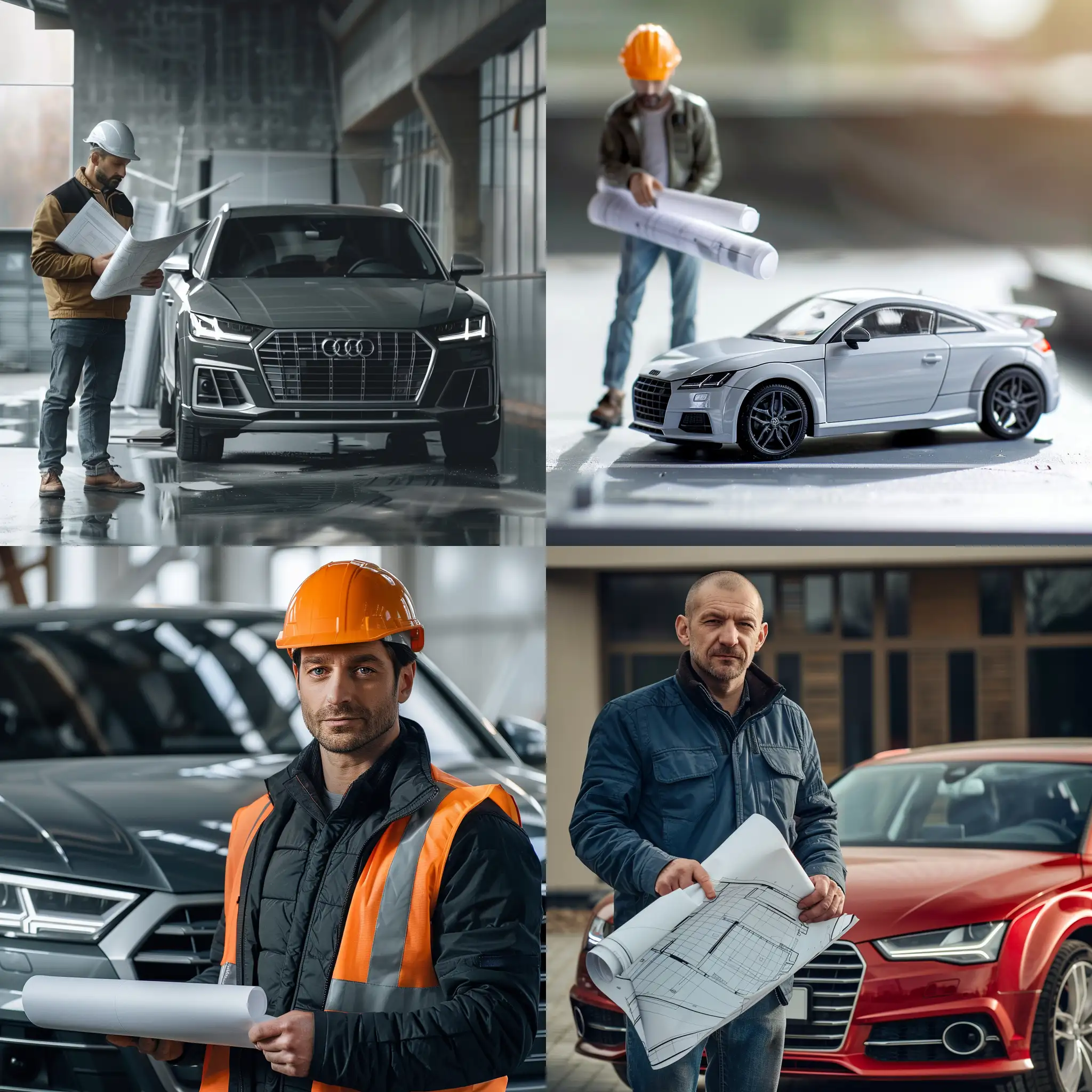 Engineer-with-Blueprints-Next-to-Audi-Car