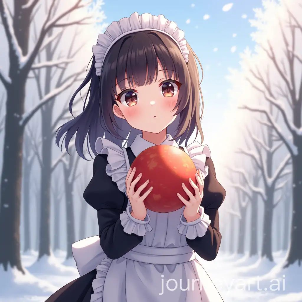 Anime-Girl-in-a-Maid-Outfit-Holding-a-Hamball-in-a-Winter-Wonderland