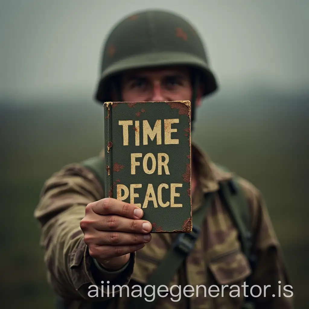 Soldier-Holding-Book-Time-for-Peace-in-WarTorn-Setting