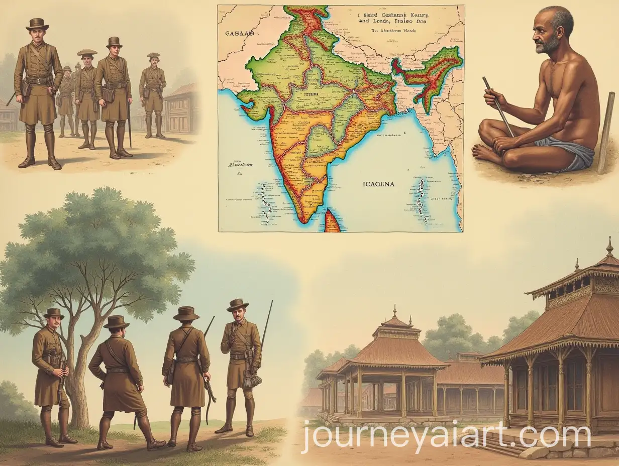 British-Soldiers-Taxation-Scenes-and-Gandhi-at-the-Ashram-with-Map-of-India