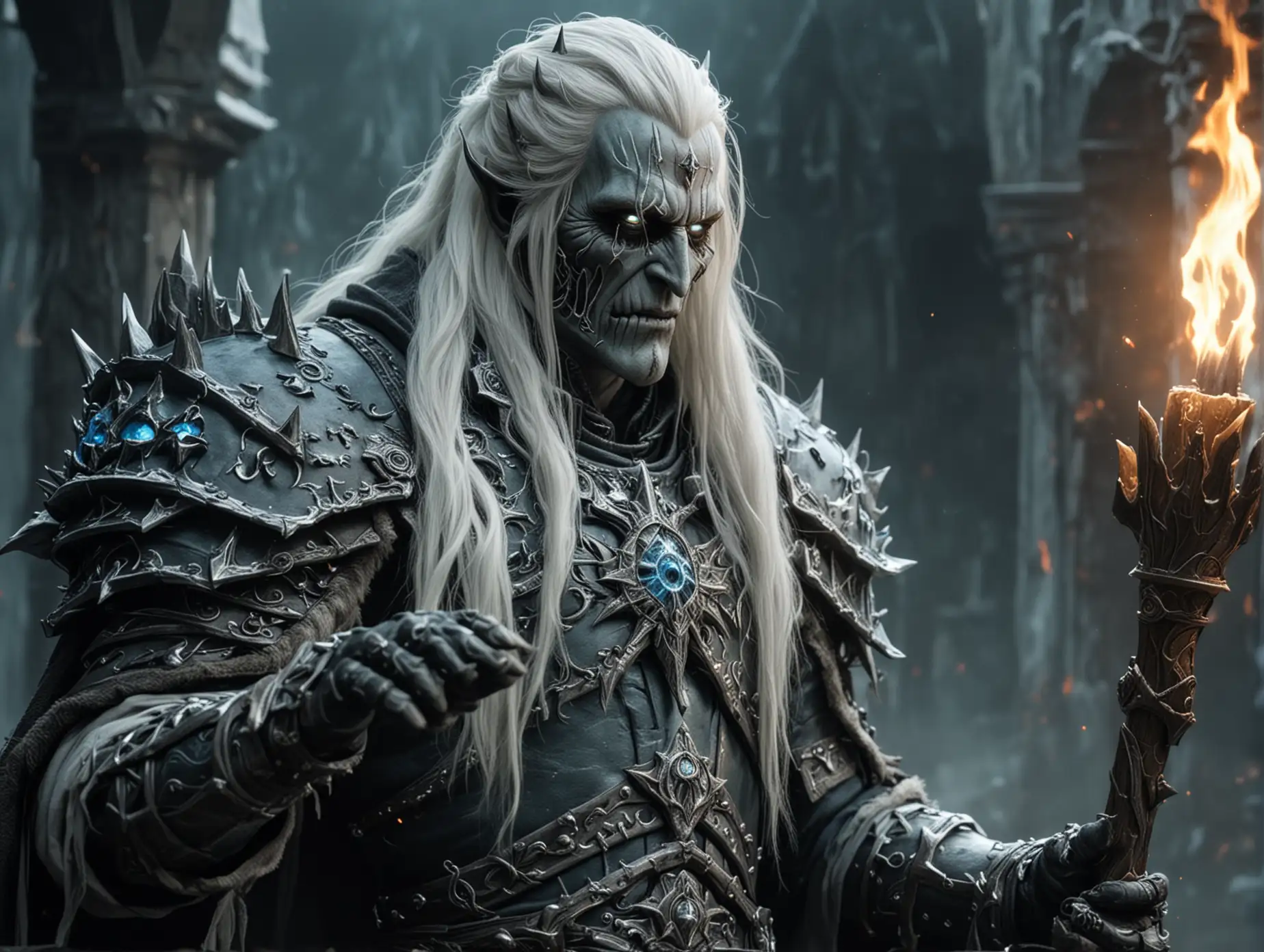 The lich king with long white hair without a helmet pretentiously goes and prepares a spell