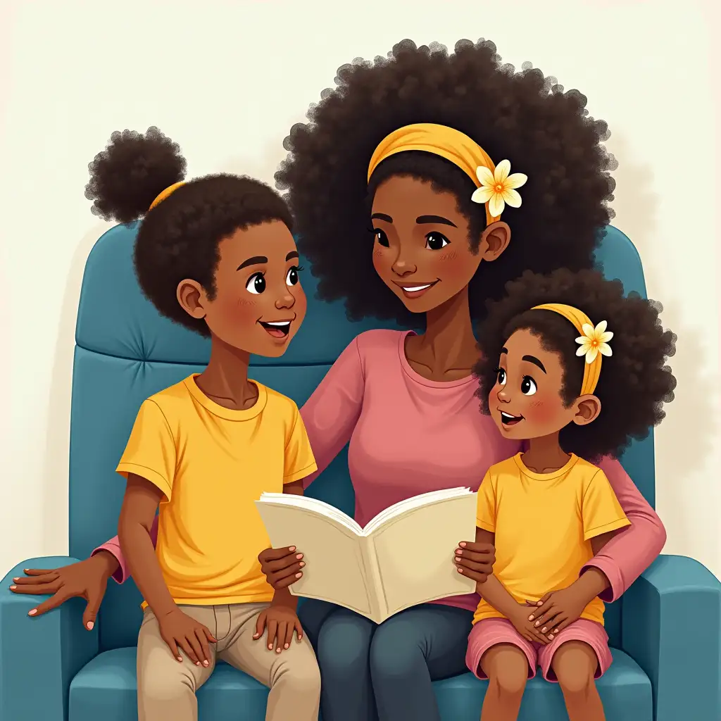 Childrens Book Illustration Black Mother and Children Sitting on a Plane