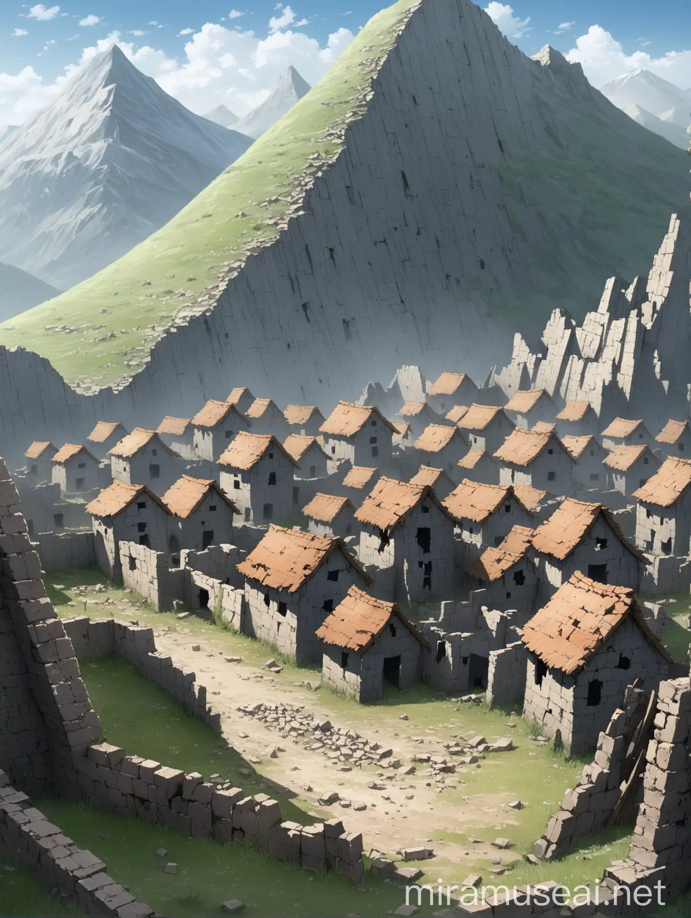 Ruined Village Next to Mountain with Encircling Wall