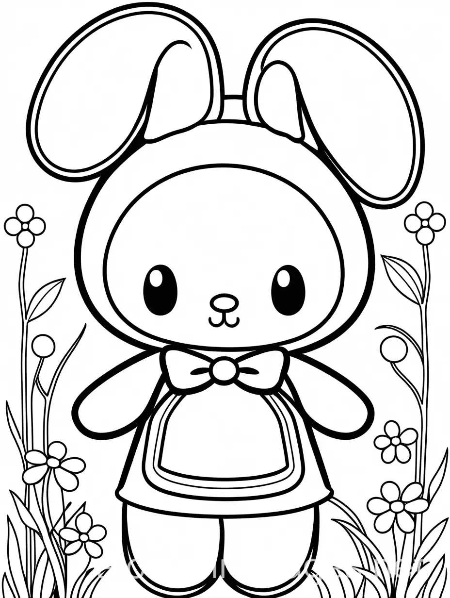 My melody character, Coloring Page, black and white, line art, white background, Simplicity, Ample White Space. The background of the coloring page is plain white to make it easy for young children to color within the lines. The outlines of all the subjects are easy to distinguish, making it simple for kids to color without too much difficulty