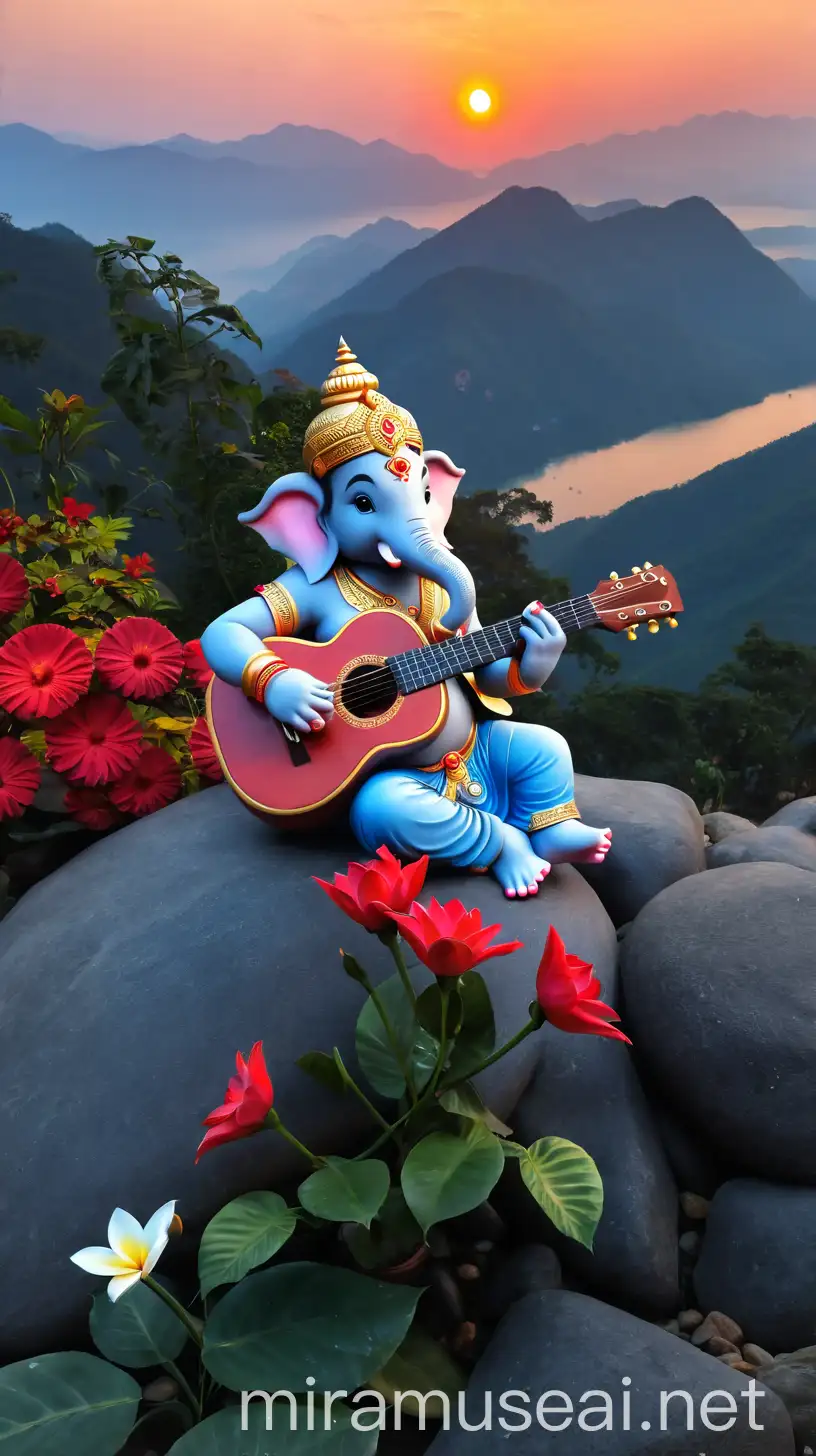 Cute Baby Ganesh Playing Guitar with Mouse in Mountain Sunset Scene