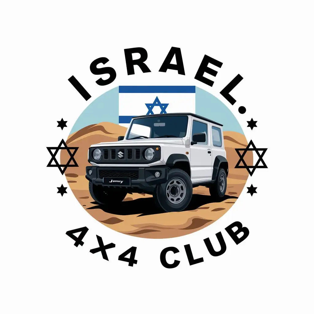 LOGO-Design-For-Israel-4x4-Club-White-Suzuki-Jimny-with-Israeli-Flag-and-Star-of-Davids-in-Desert-Theme