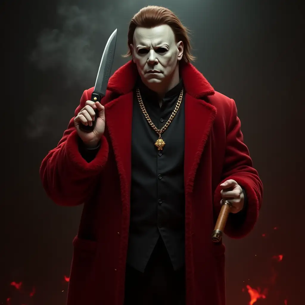 Michael Myers, he wears a red mink coat, he holds a butcher's knife, in the other hand he holds a big cigar, he wears gold jewelry, smokey background, hellish background