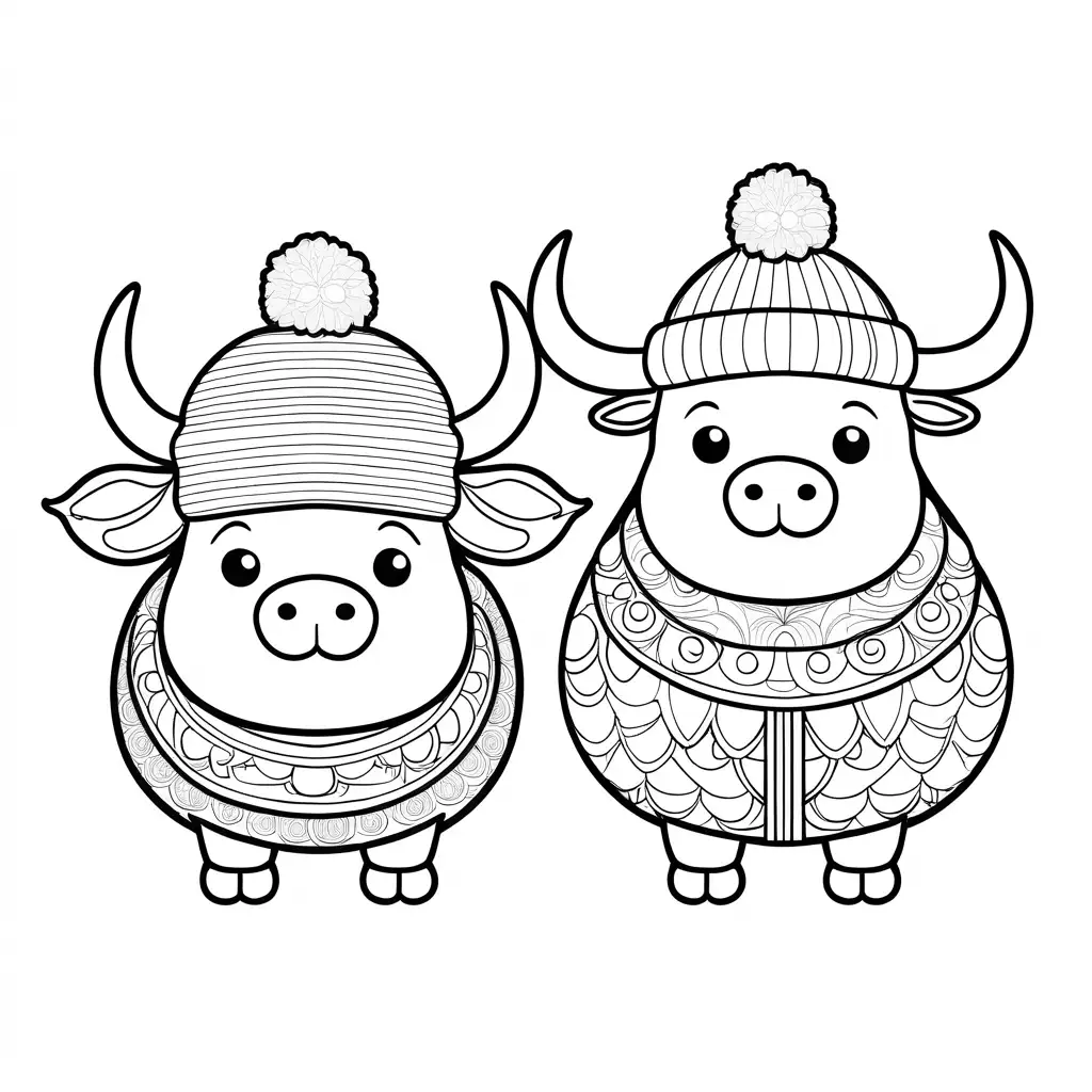 Two-Yak-in-Bobble-Hats-Coloring-Page