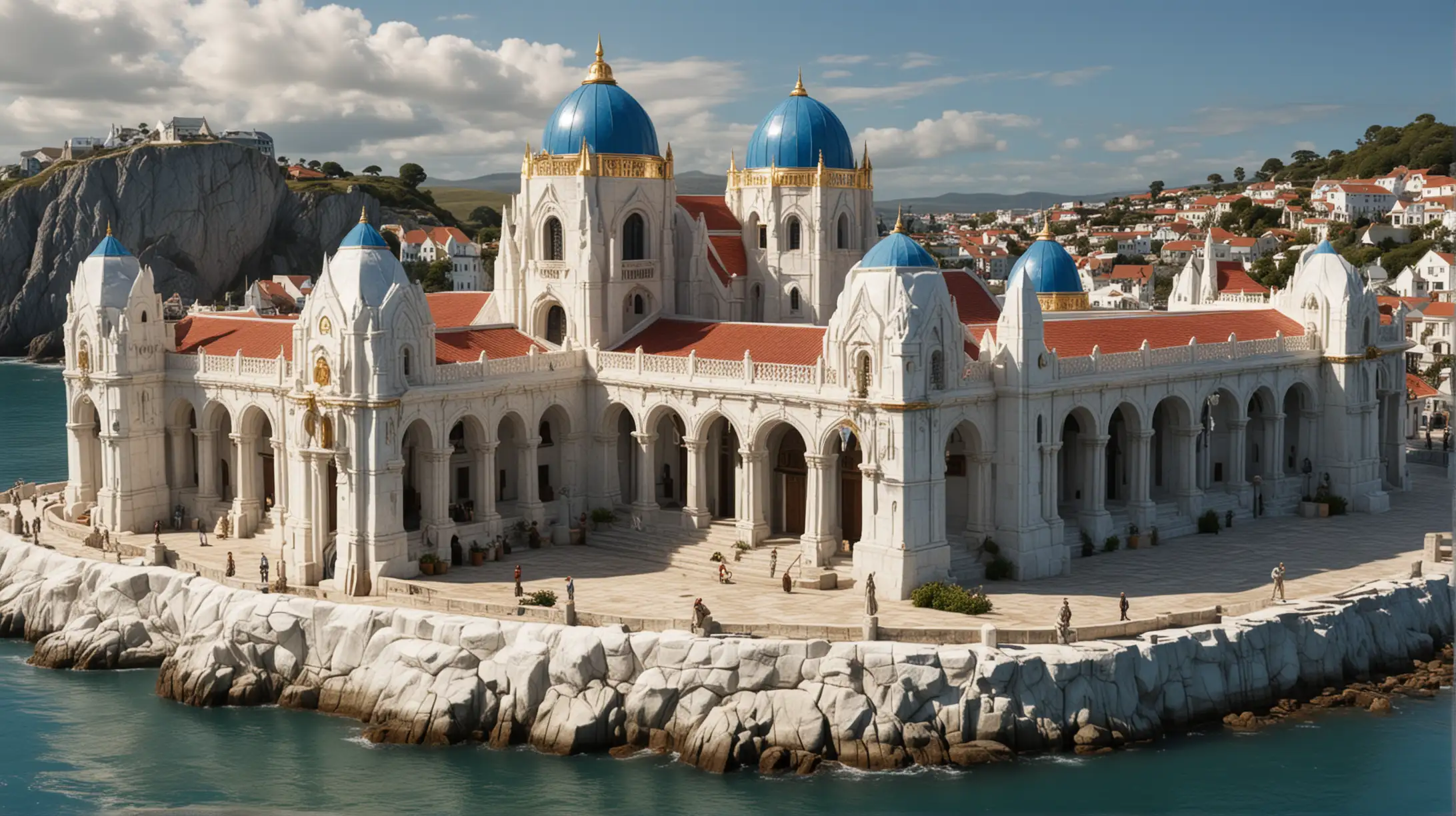 Elvish Government Building in Coastal Town with White Stone and Blue Marble Roof