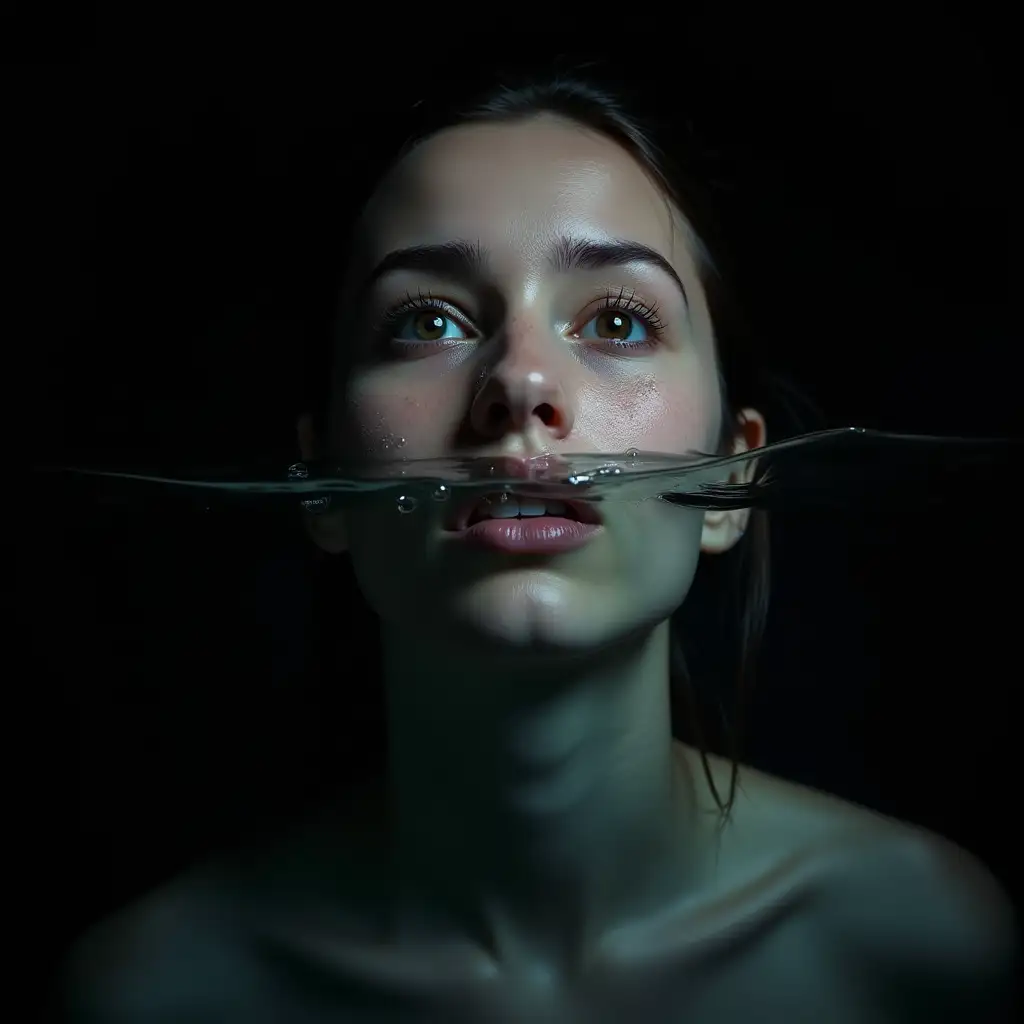 Young Woman Submerged Underwater with Fearful Expression