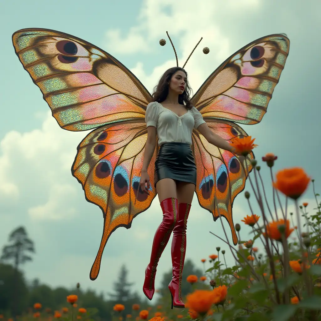 A photograph of a fairy woman with gigantic, long, shiny iridescent sparkling, multicolored butterfly wings with peacock patterns and long antennae resembling a pair of peacock feathers flying by a giant flower. The fairy is drinking nectar from the flower with her long tongue. She is wearing a white blouse, a black patent leather miniskirt with golden patterns, and red patent latex stiletto thigh-high boots with pointed toes and golden patterns. There is a cloudy sky in the background.