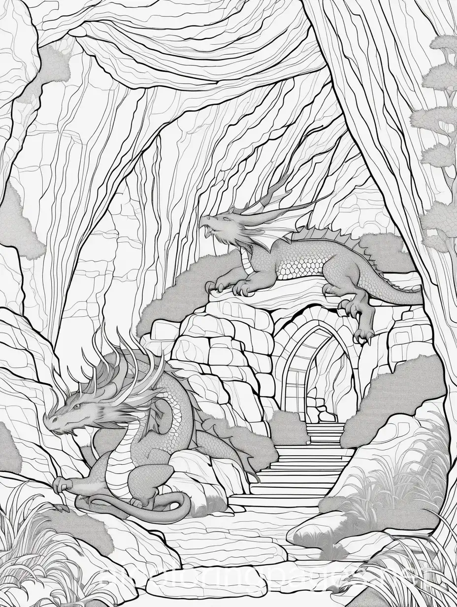 Coloring-Page-Dragon-and-Treasure-Cave-with-Witch-Knight-and-Princess