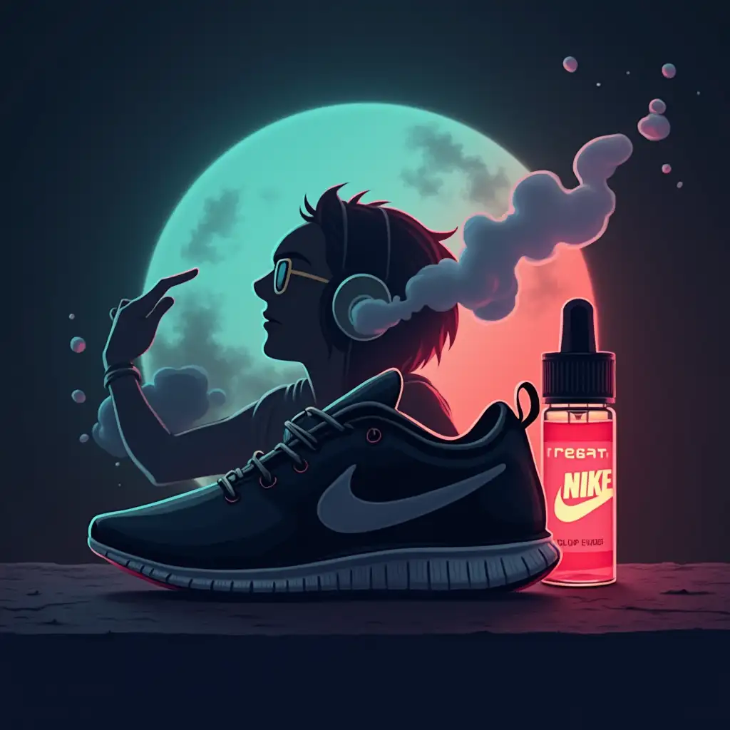 on the photo it's written fregatShop, in the background headphones apple, e-liquid for vape, sneakers with Nike silhouette