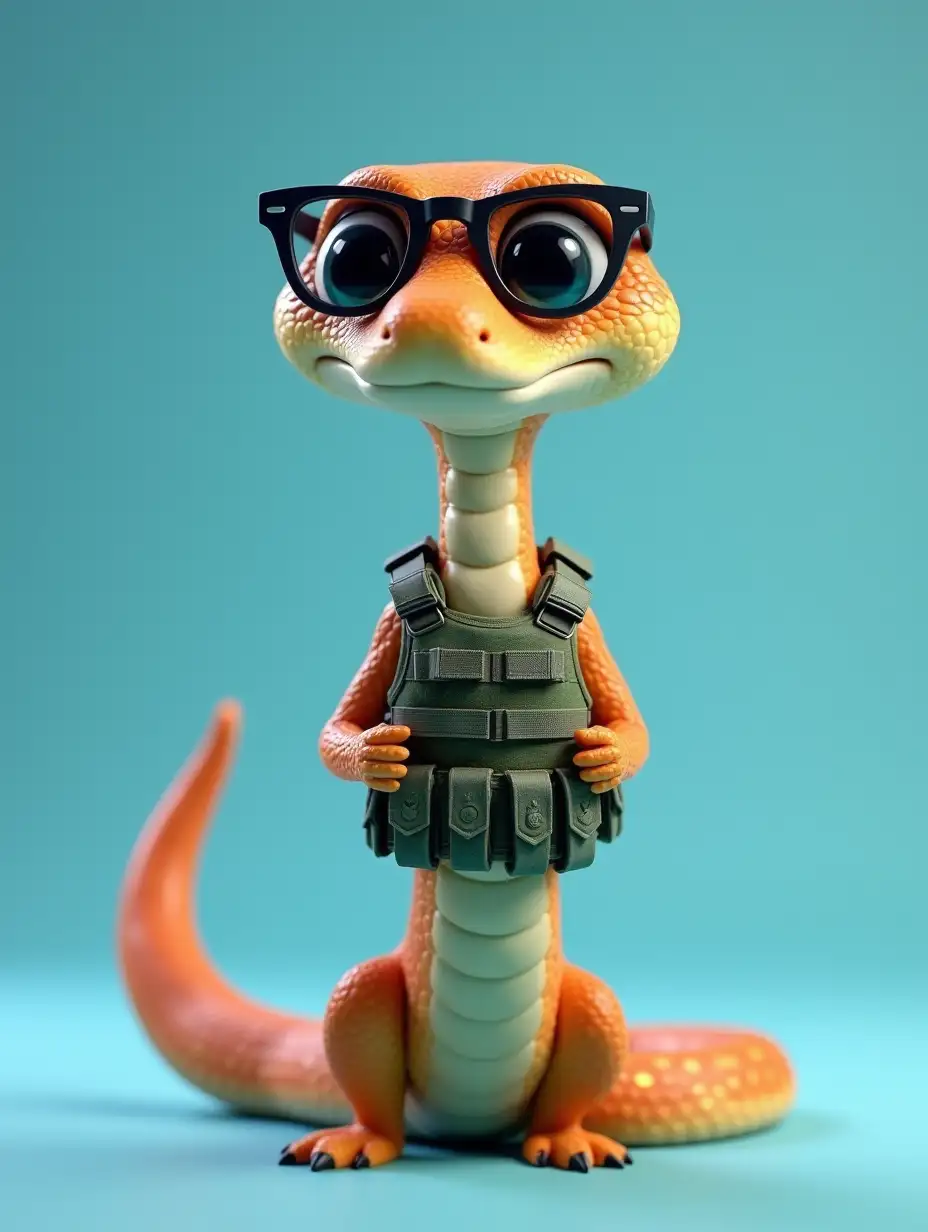 a beautiful cute snake from Disney in full growth, standing on its tail, in a camouflaged bulletproof vest, in narrow black sunglasses, delicate blue background, hyperrealism, high detail, Disney, graphic art, realism. 3d,falvie