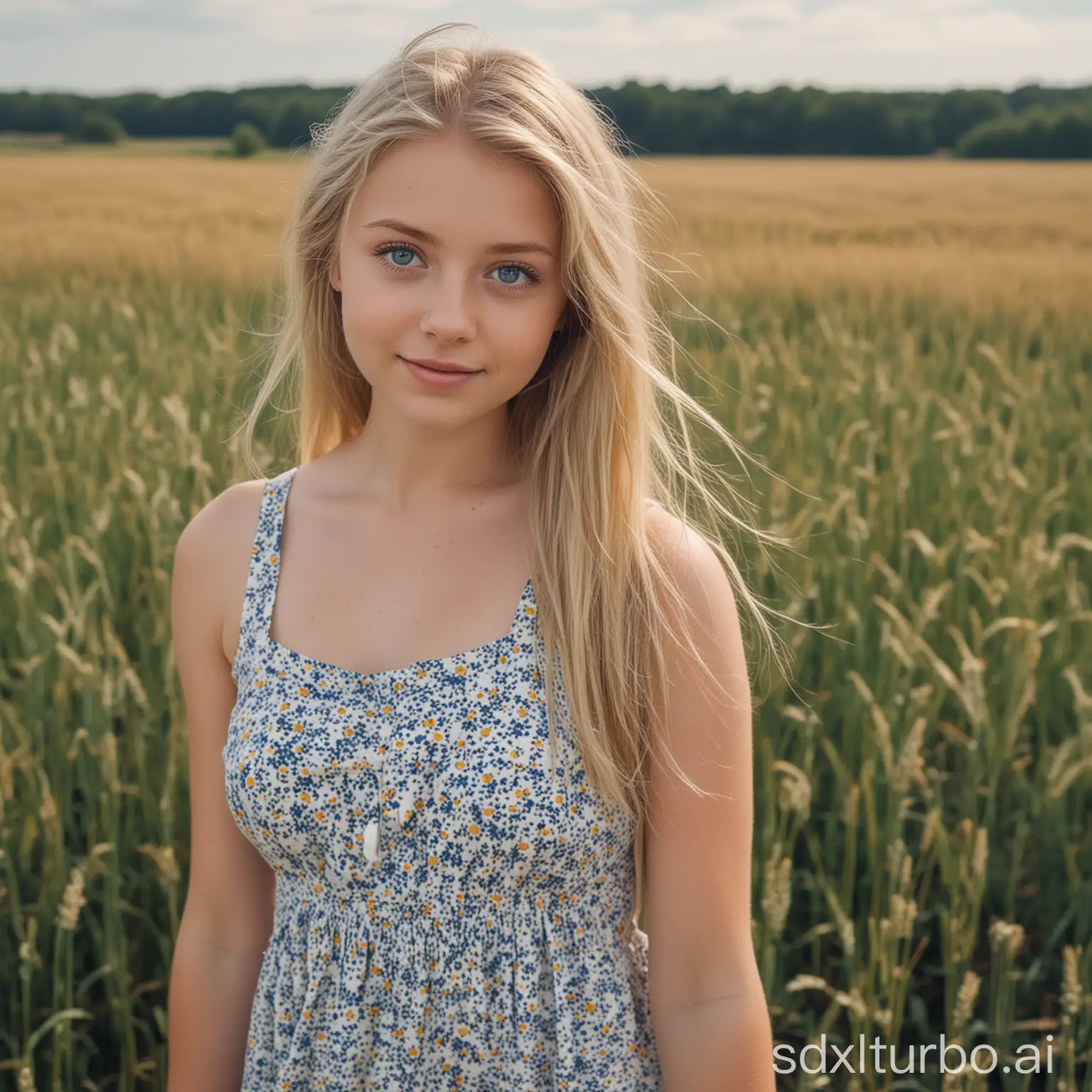 Blonde haired blue eyed girl, 25 years old, wearing a sundress, in a wheat field