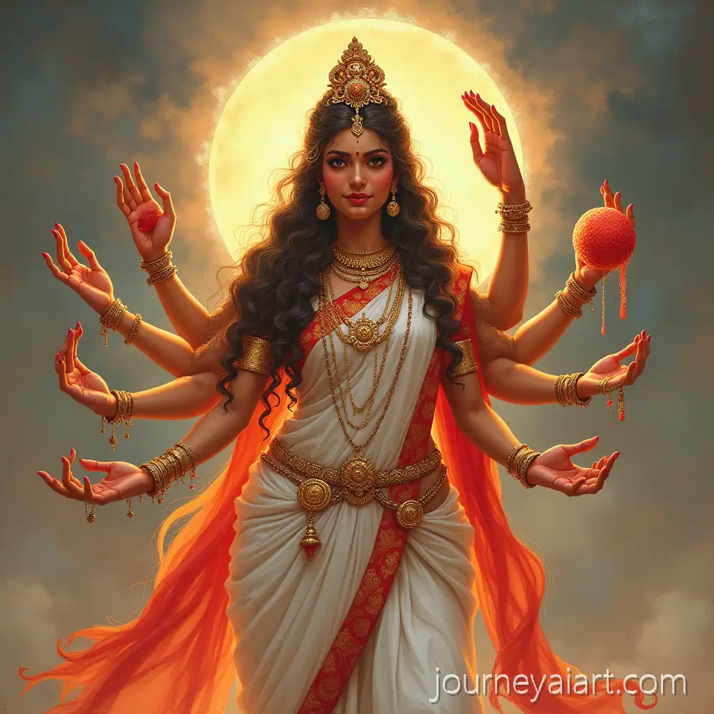 Indian-Goddess-Bramacharini-in-White-and-Red-Saree-Holding-Kamon-Duluth-and-Rudraksha-Mala