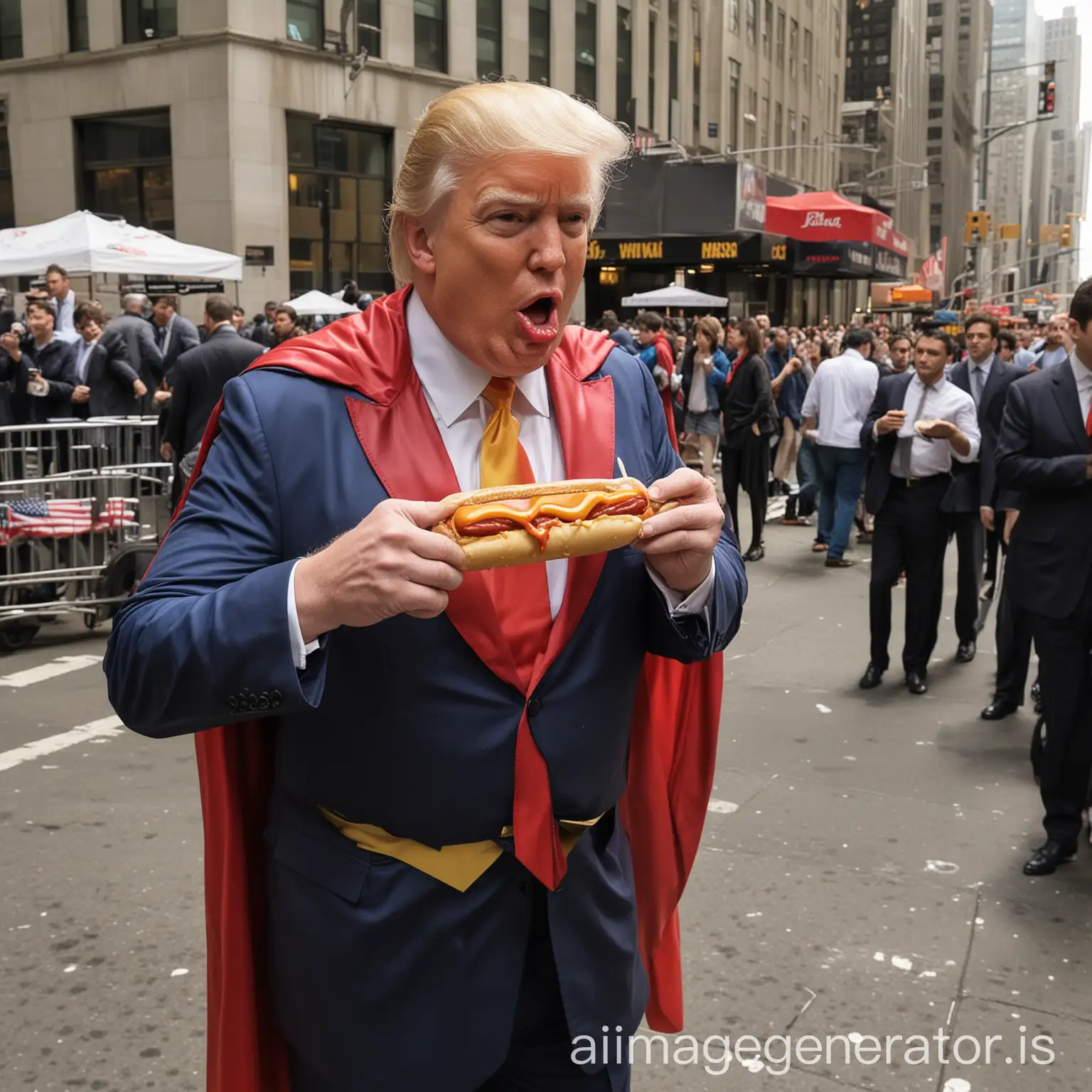 donald trump eating a hotdog a superman costum at wallstreet new york