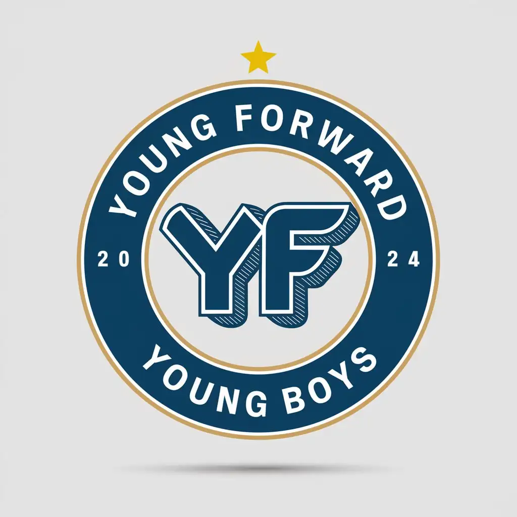 a vector logo design,with the text "Young Forward", main symbol:The image is the logo of the Swiss professional football club 'Young Boys'. This is a round logo with a blue outer ring and a white inner circle. The words 'YOUNG FORWARD' are outlined in a white arc along the outer edge of the inner circle, and the year '2024' is written in white at the bottom of the inner circle. In the center of the inner circle, the letters 'YF' are written in blue and white stylized three-dimensional font. There is a small yellow star at the top.,complex,clear background