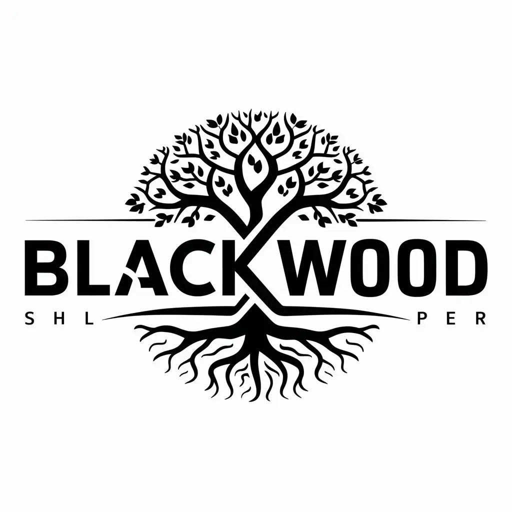 a logo design,with the text "blackw00d", main symbol:Black tree,complex,clear background