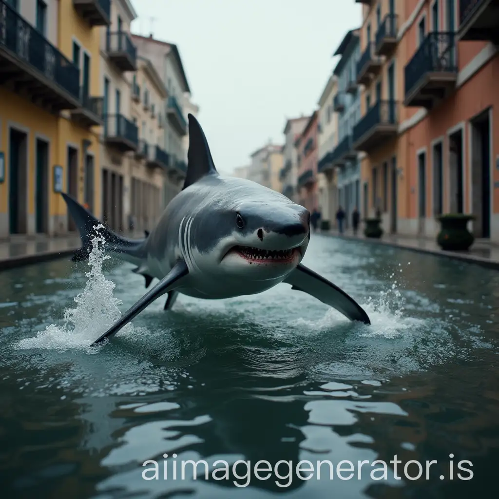 White-Shark-Swimming-in-a-Flooded-Street-in-Spain