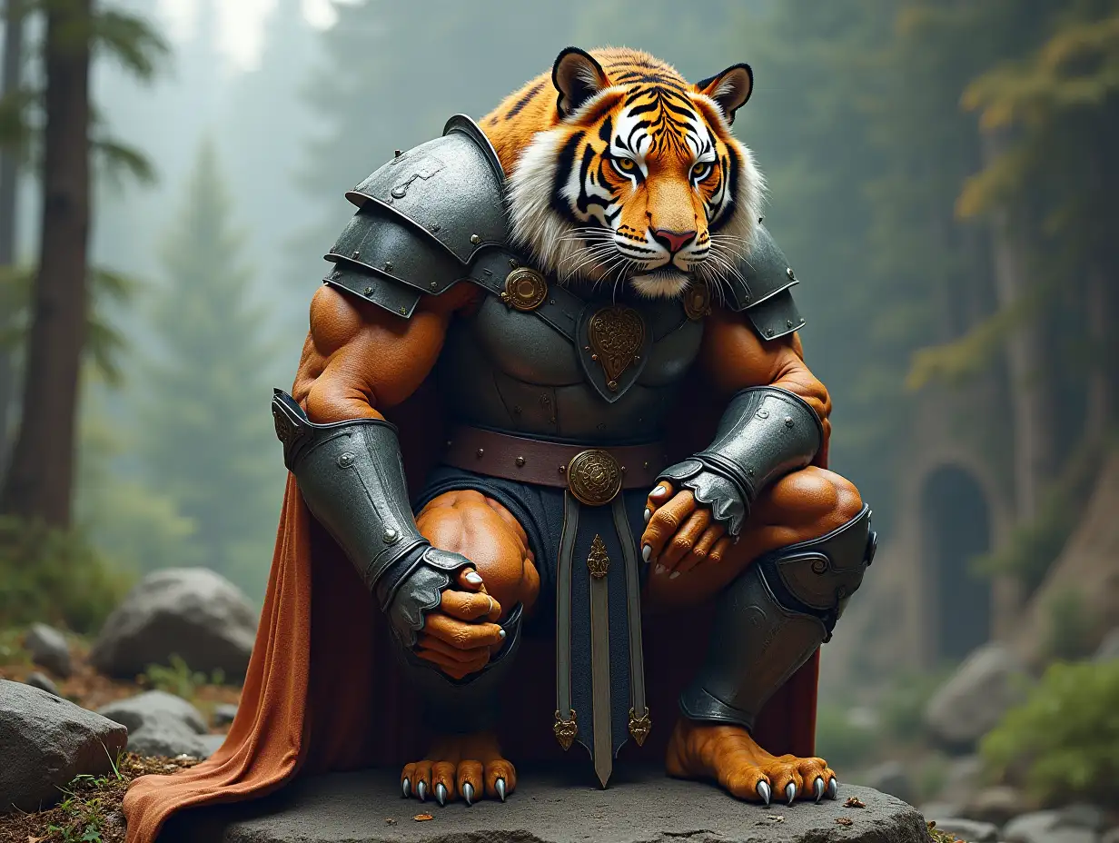 Highly detailed photo A full-body representation of Animal hybrid bodybuilder with knight armor and Tiger head on a rock