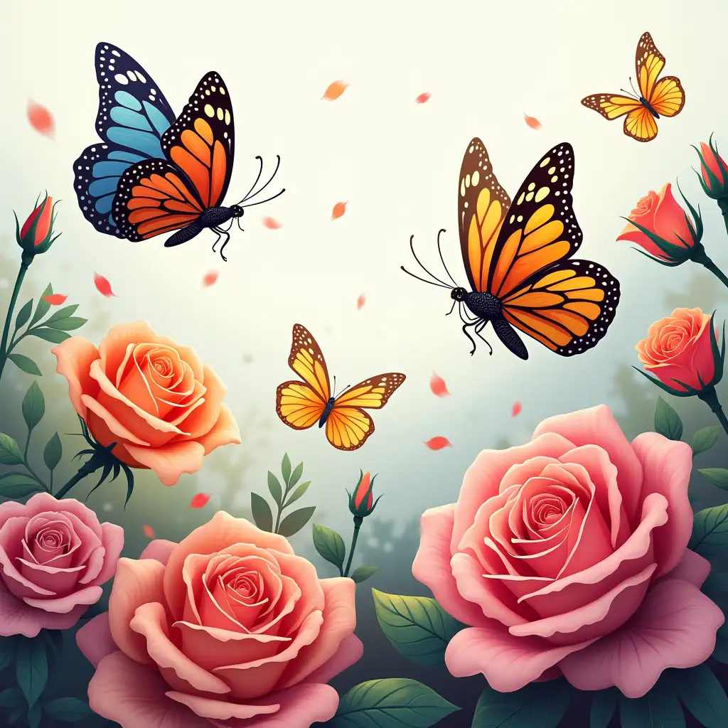 Colorful butterflies flying over colorful flowers and roses