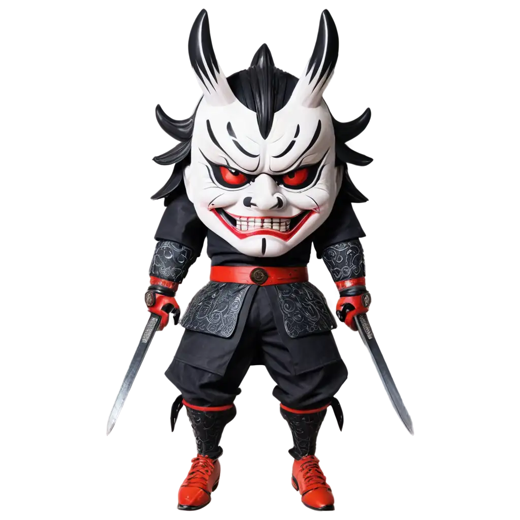 animated scary samurai mask with blood and katana sword in background