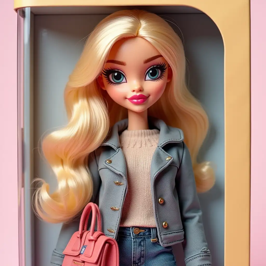 3D doll in Bratz style, made of soft touch plastic. The character is full height and repeats the appearance from photo one. Copy every detail: hairstyle, lips, eyes, facial features and proportions. Clothes with an emphasis on style and color textures. The doll lies in a plastic recess that matches her silhouette. Packaging: box style is modern transparent plastic in front and cardboard back. Color: beige, gray on top of the box should be the name Anastasia letters embossed engraved on the box. Accessories inside the box are placed next to the doll in their places in separate cells: glasses, bag, car key BWB