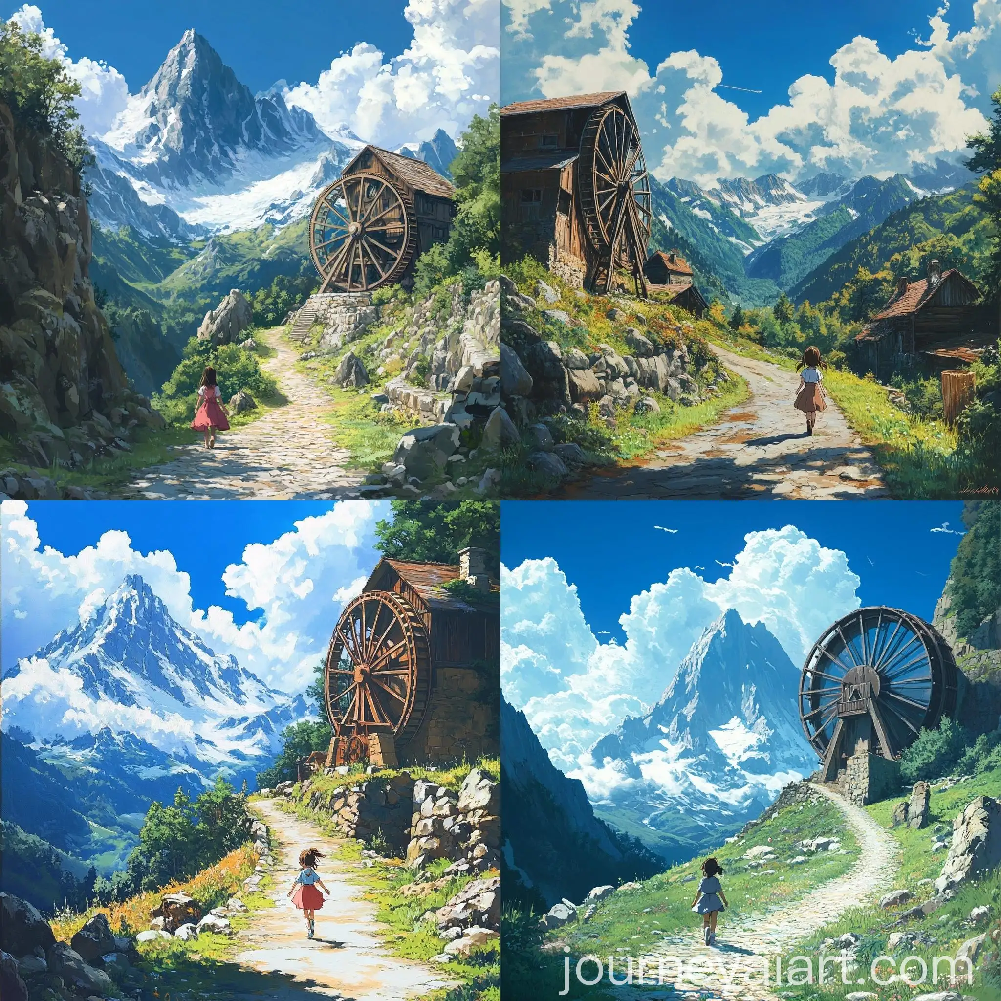 GhibliStyle-Country-Road-with-Little-Girl-and-Waterwheel-House