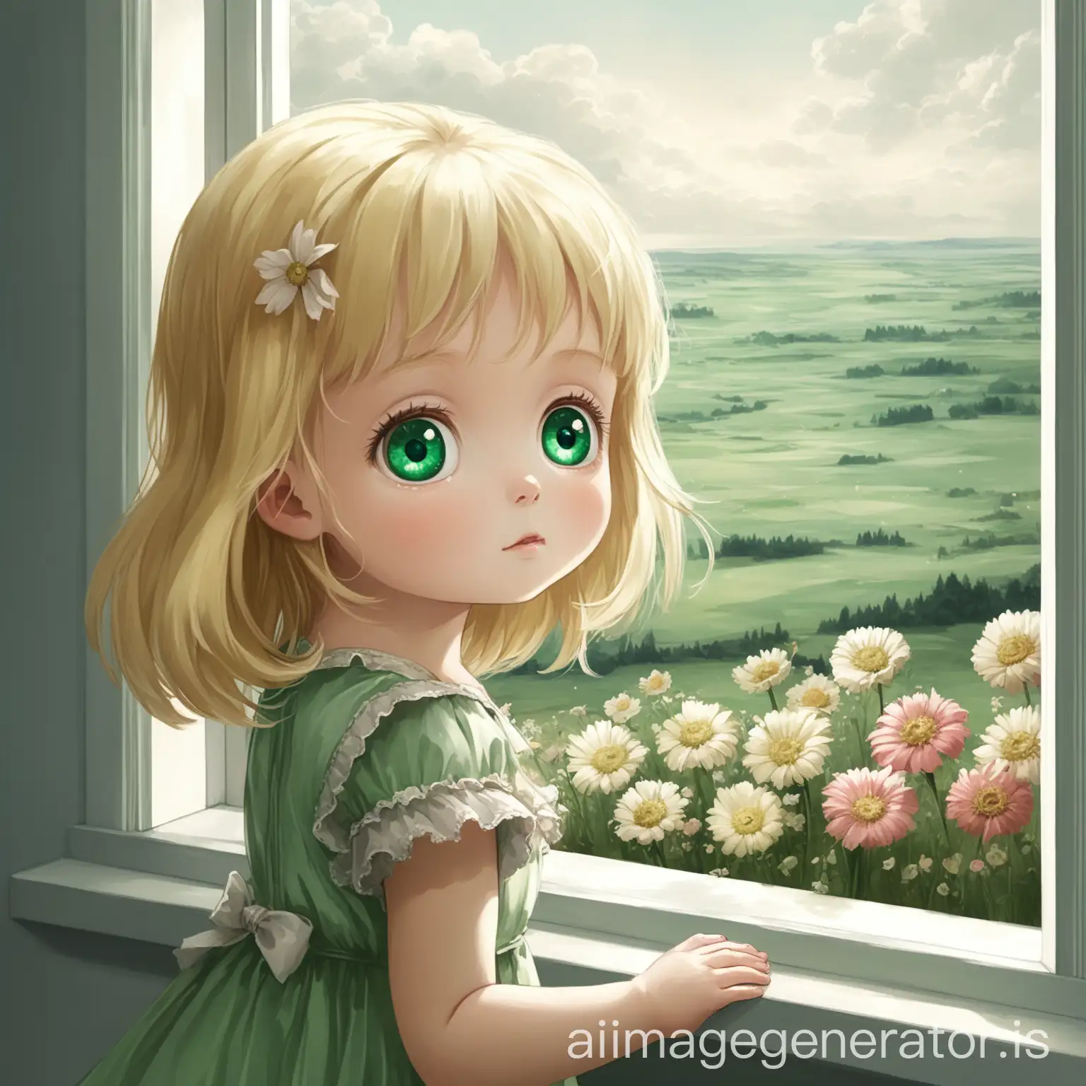 Little-Blonde-Girl-with-Emerald-Eyes-Gazing-Out-the-Window-at-a-Floral-Landscape