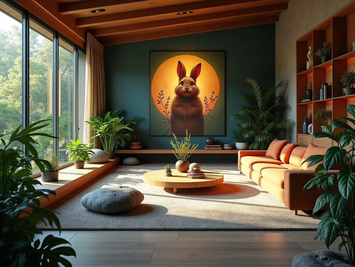 Large modern living room with Springbunny, lighting with furniture very many plants with Demon Slayer image on the wall Zen-Garden with carefully tended rocks, a meditative 180 degrees shot 8K resolution Colorful