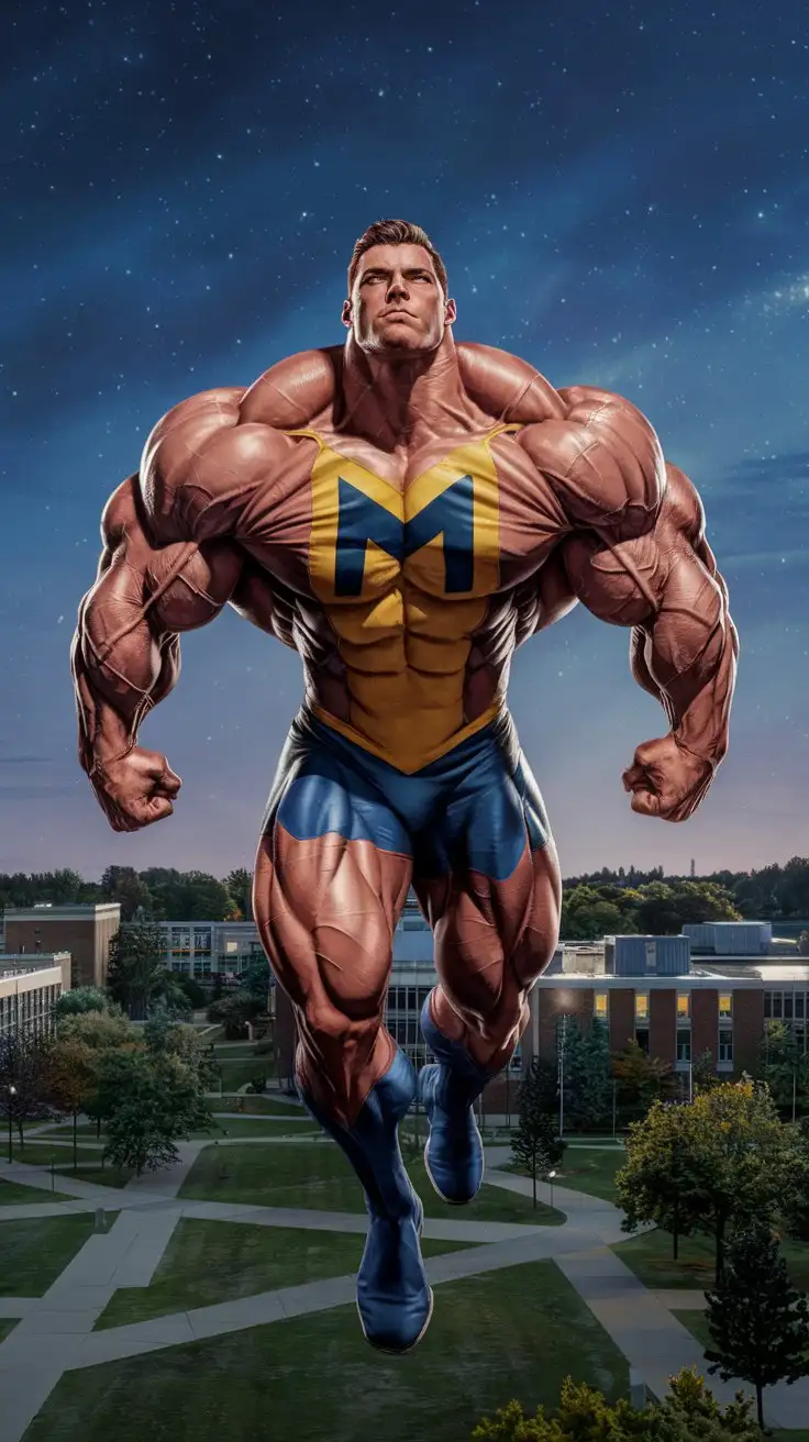 A powerfully muscled, hugely ripped, pumped musclegod bodybuilder superhero flies through the night sky over a college campus. 29 years old. Photorealistic.