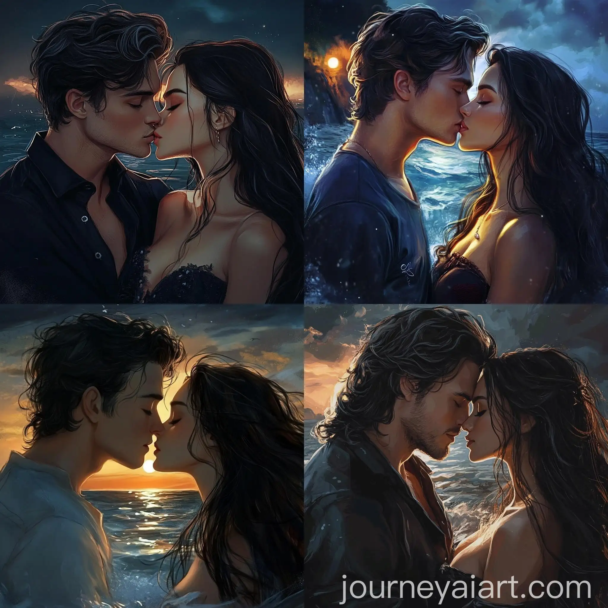 Romantic-Couple-Kissing-on-Seashore-at-Night
