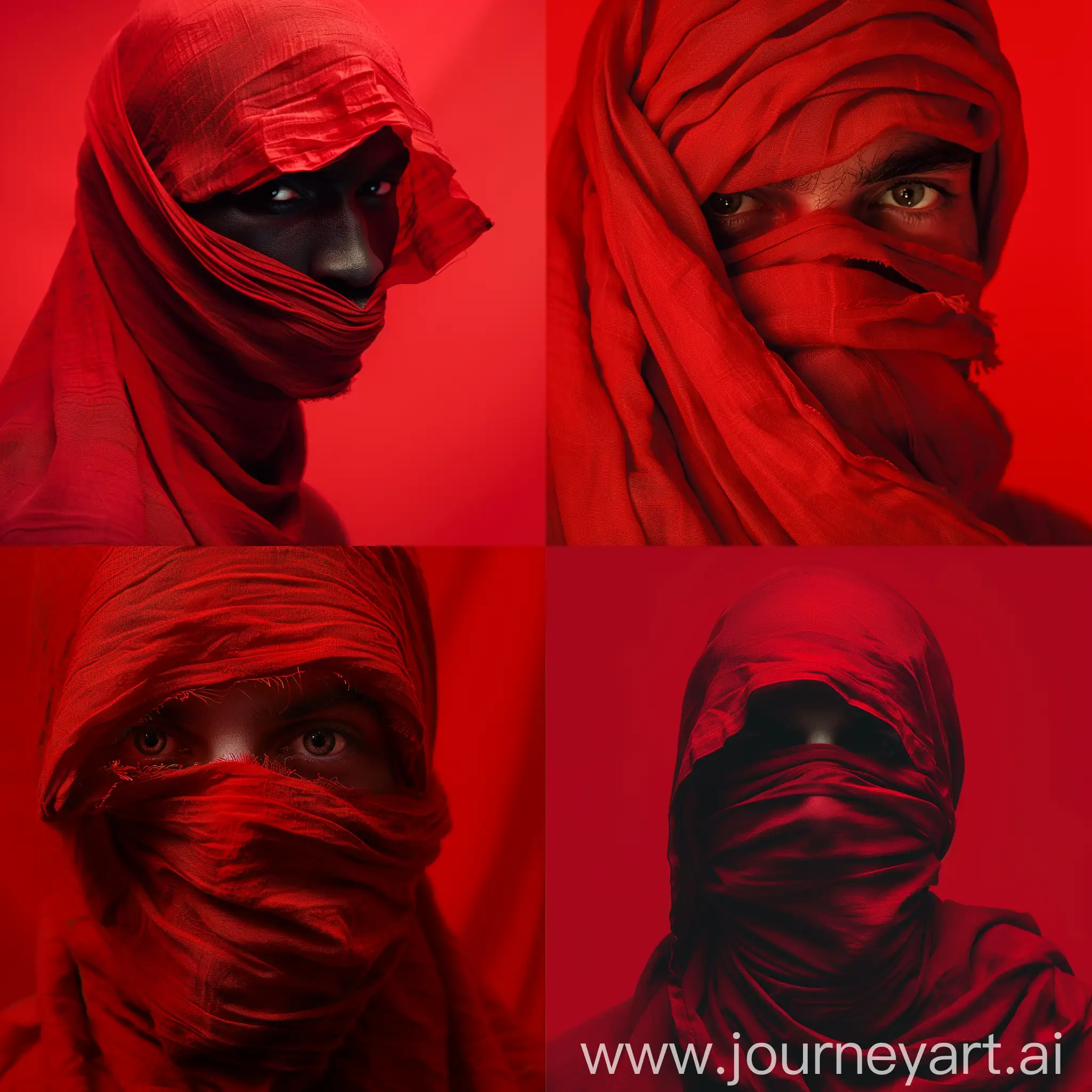 Man-with-Red-Cloth-Mask-on-Red-Background