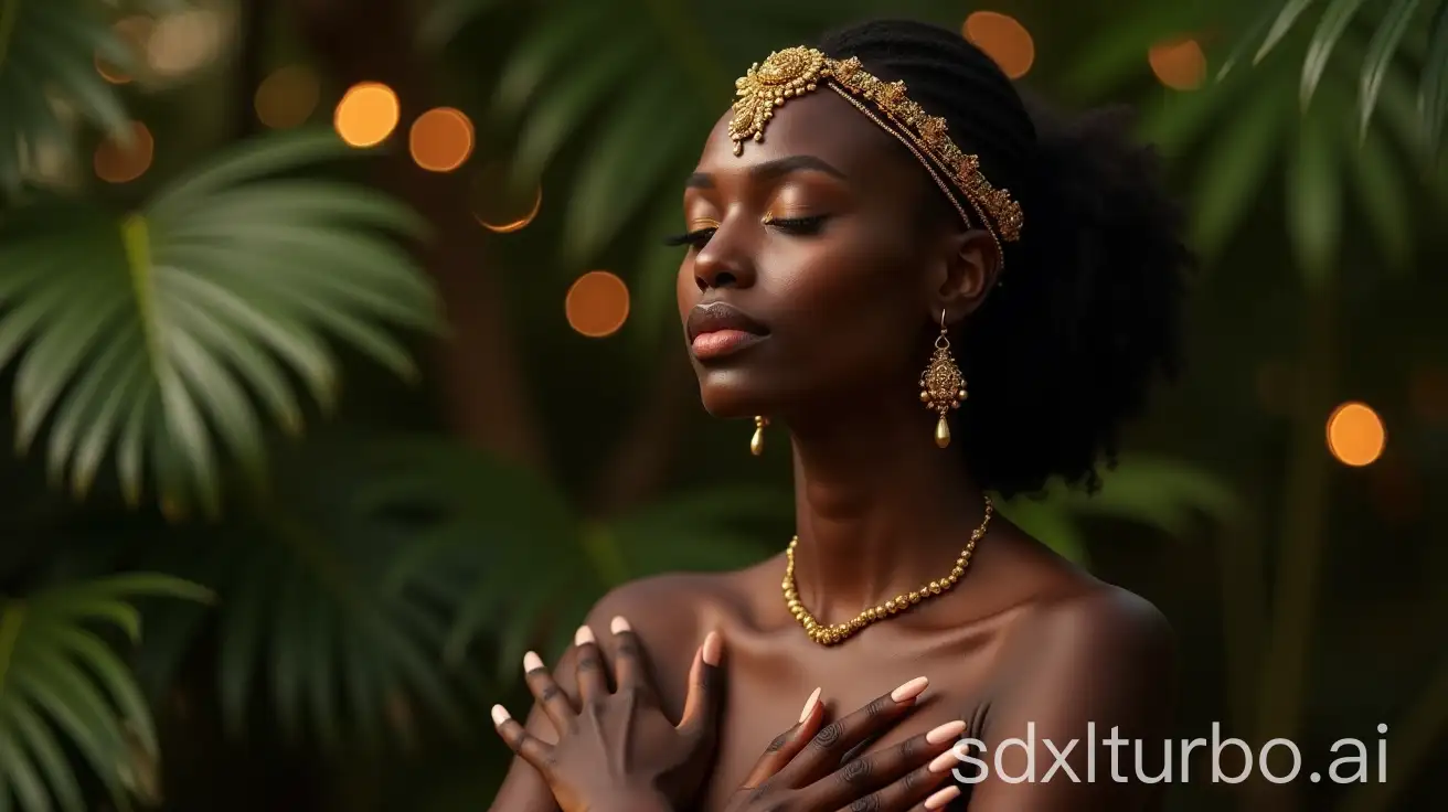 Elegant-Black-Woman-in-Serene-Introspection-Surrounded-by-Lush-Greenery