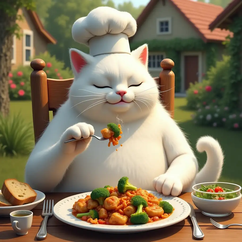 The oversized white cat, now without its chef’s hat, sits upright on a wooden chair at the rustic wooden table. It holds a fork in its right paw, twirling a piece of broccoli and chicken, while its left paw rests on the table. The white ceramic plate in front of the cat is filled with the steaming, colorful dish. Beside the plate are a glass of water, a small bowl of salad, and a slice of crusty bread. The garden and rustic cottages in the background are bathed in warm sunlight, creating a peaceful and satisfying scene.