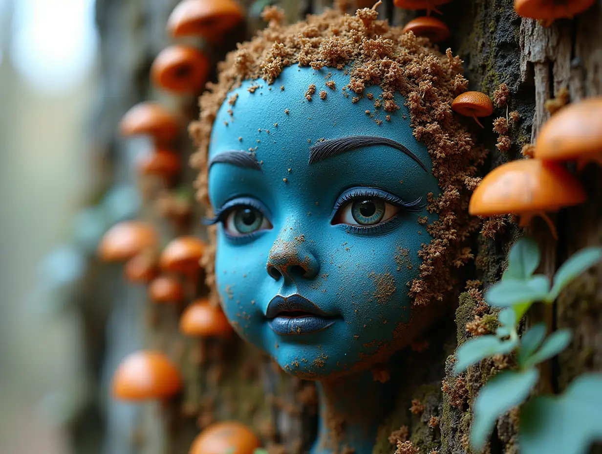 Face with blue Fly AgaricnRoots transformed into Building