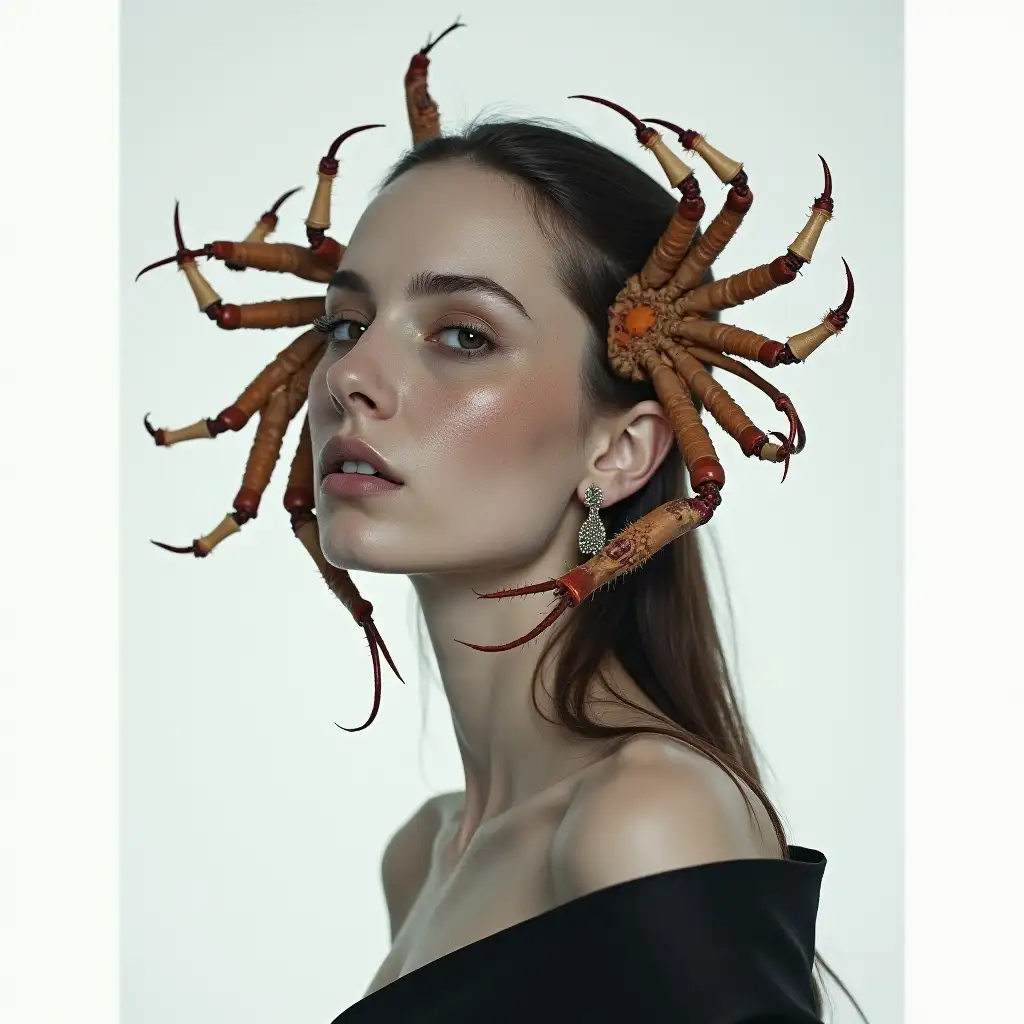 Surreal-Portrait-of-Woman-with-Crows-on-White-Background-in-Mysterious-Mood