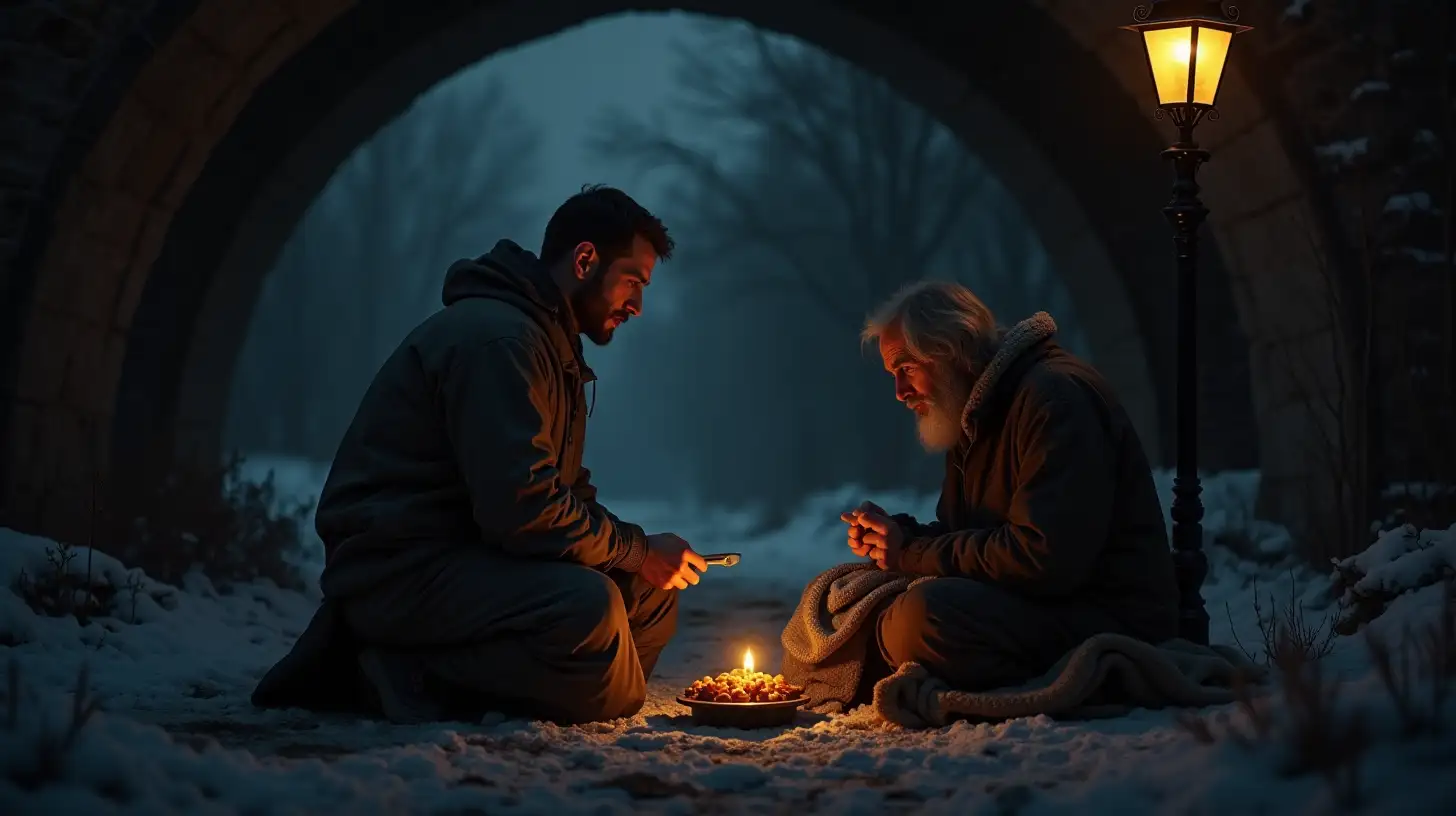 Compassionate Gesture A Kind Man Helping a Homeless Person Under a Bridge at Night