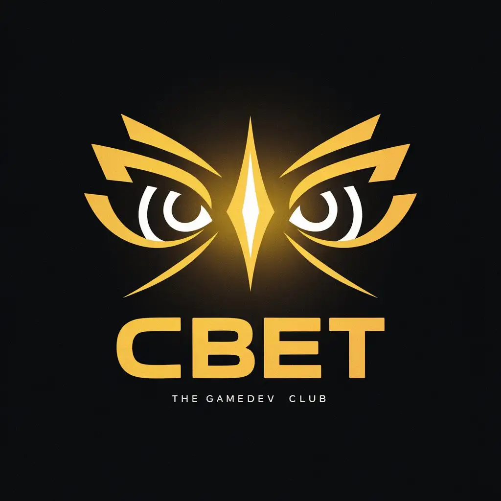 a logo design,with the text "CBET, gamedev club", main symbol:opryatayushchiyes glaza pozadi logo, cherno-zheltaia palitra, luch sveta, chornyi fond,complex,clear background