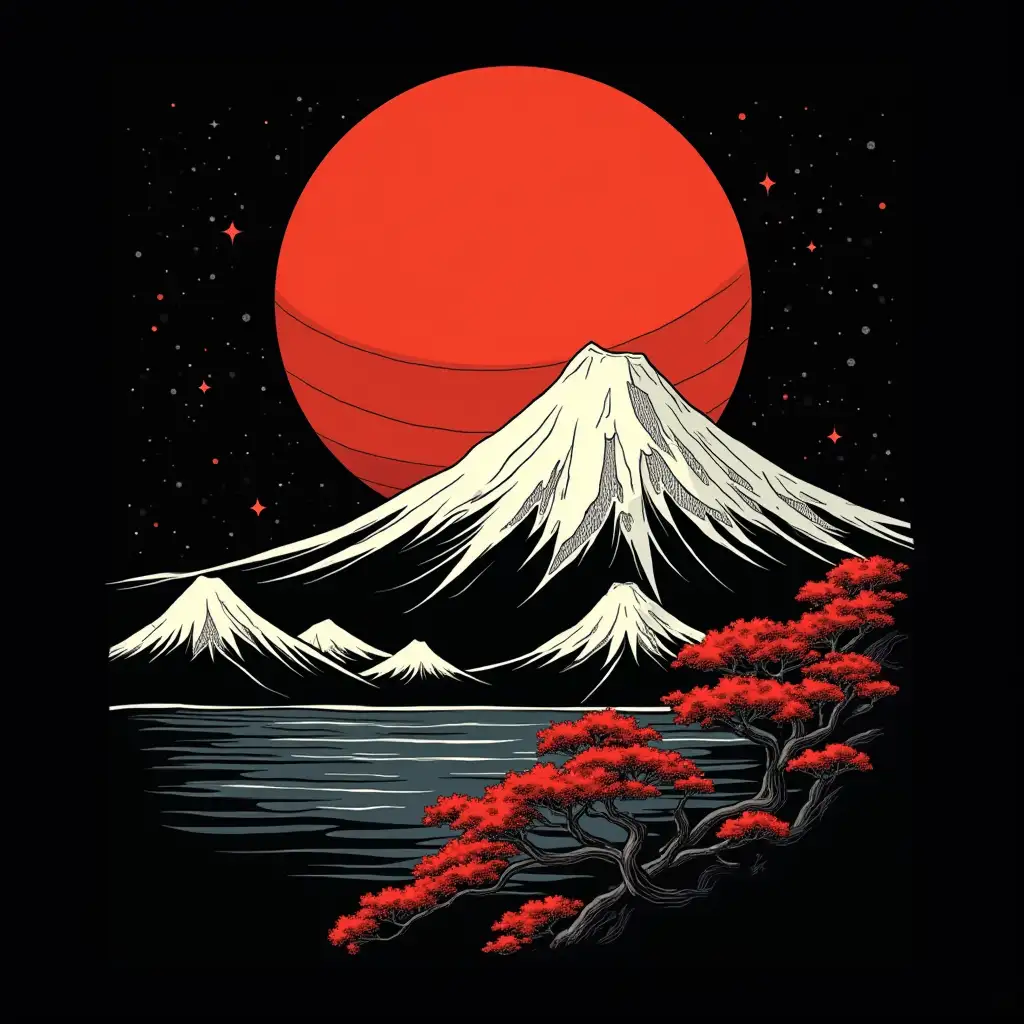 Detailed-Concept-Art-of-Japans-Moon-and-Mount-Fuji-for-TShirt-Design