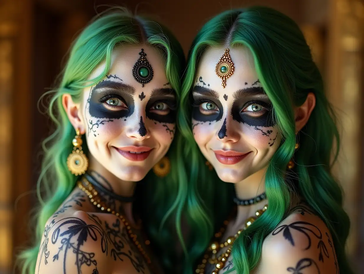 Two young black and white patterned girls with alien face, with green hair, with a slight smile on their faces, highlighting their smiles, modern retro jewelry, in a temple with much gold of various shades 4k