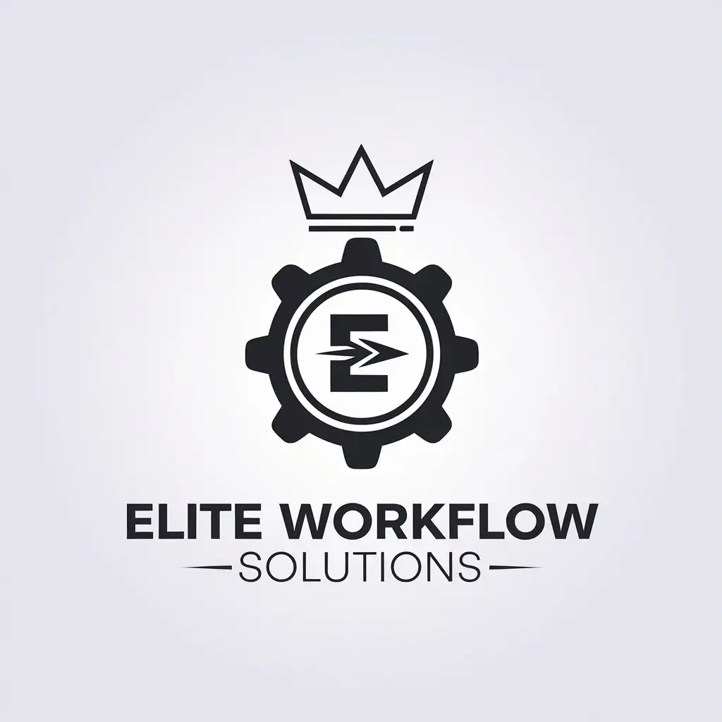 LOGO Design for Elite Workflow Solutions Minimalistic Cog with Crown and Stylized E